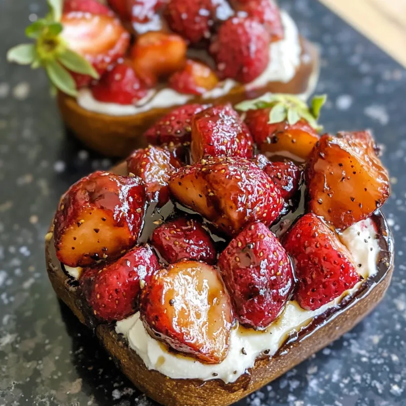 Nahaufnahme von Dessert mit Erdbeeren und Balsamico-Reduktion.