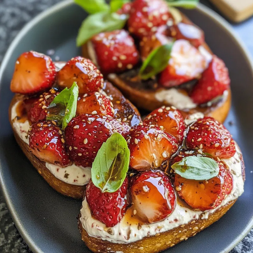 Ein Teller mit getoastetem Brot und fruchtigen Erdbeeren obendrauf.