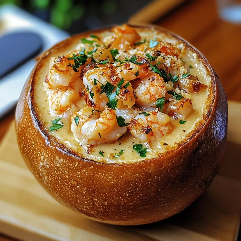 Schale mit Meeresfrüchtesuppe und Brotschale.