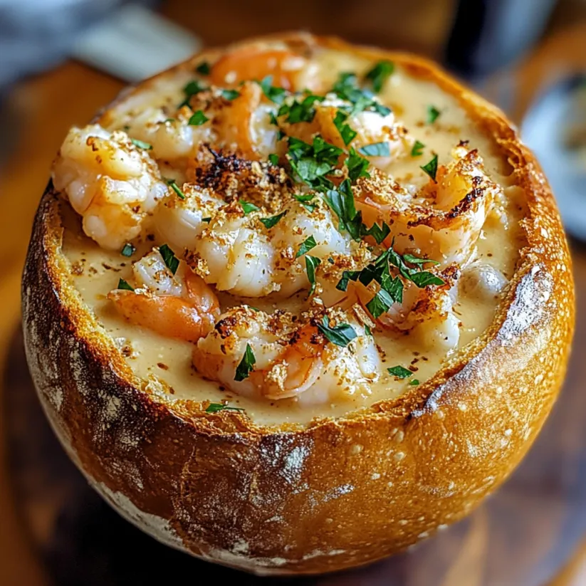 Auf dem Tisch steht ein Brottopf voller Meeresfrüchtesuppe.