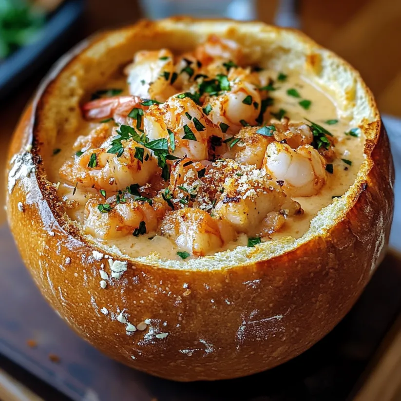 Suppenschüssel mit Garnelen und Brot.