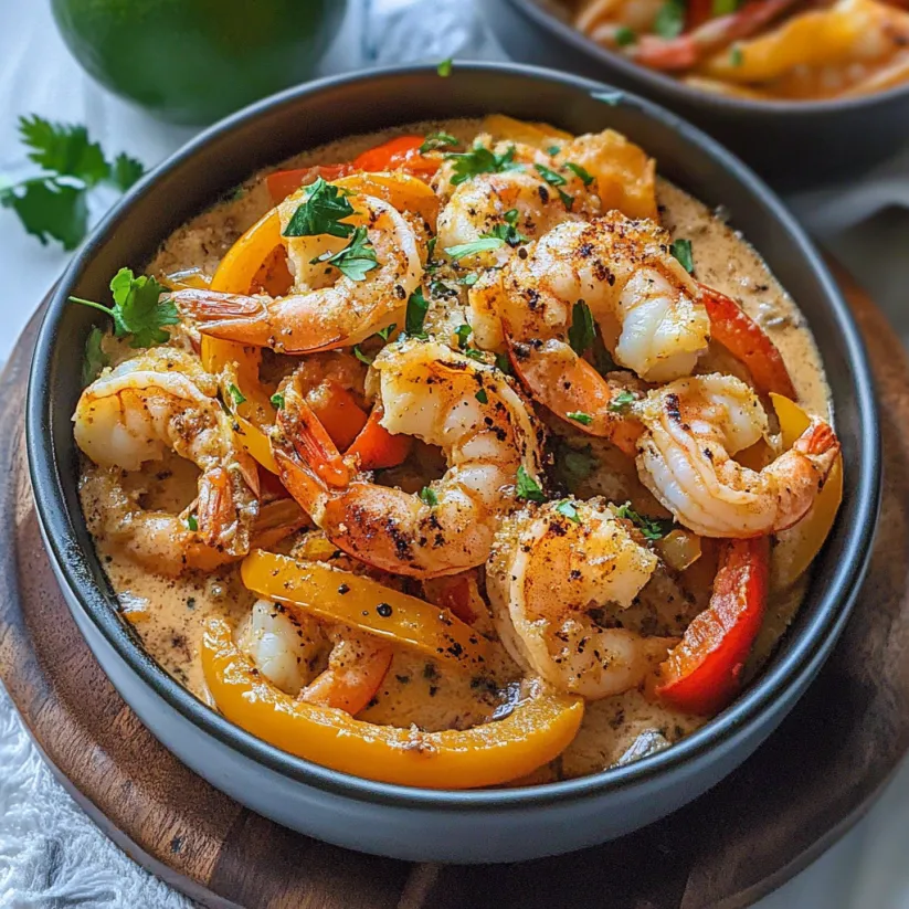 Eine Schüssel mit Garnelen und Paprika.