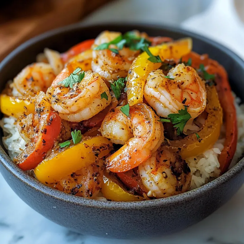 Eine Schale mit Garnelen und Paprika.