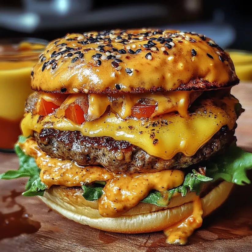 Ein großer Burger mit Käse und Tomaten.