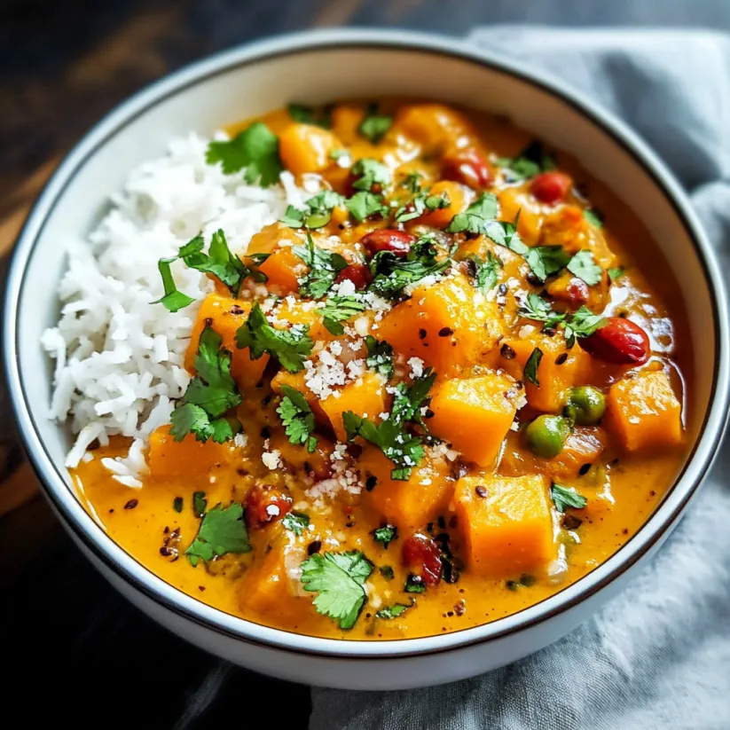 Eine Schale Kürbiscurry mit Reis und Gewürzen.