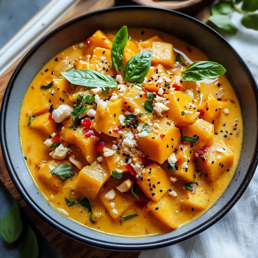 Eine Schüssel Kürbiscurry mit Kokosmilch.