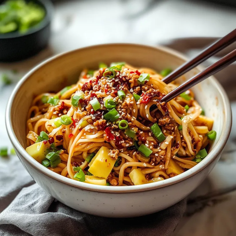 Eine Schüssel Nudeln mit Paprika und würziger Soße.