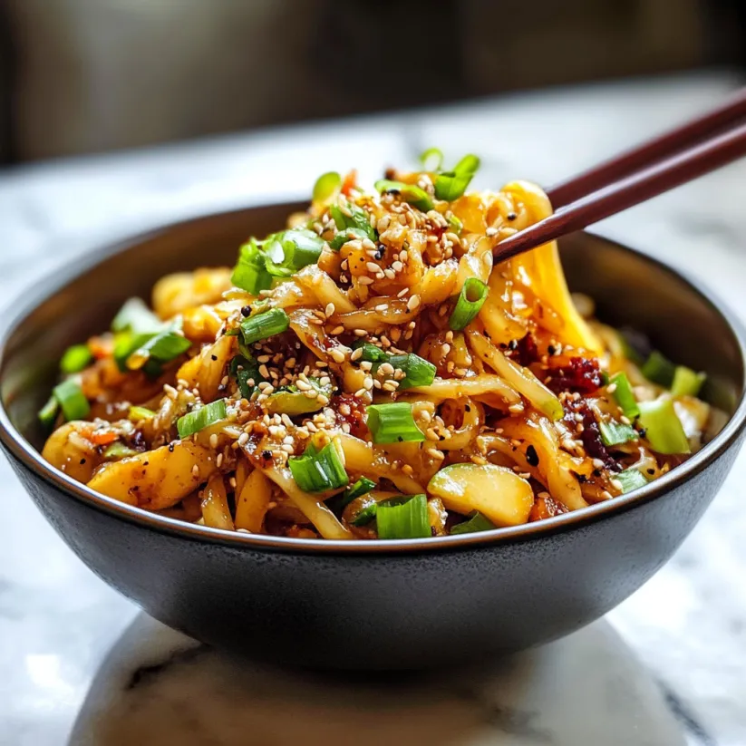 Eine Schüssel Nudeln mit Gemüse und würziger Sauce.