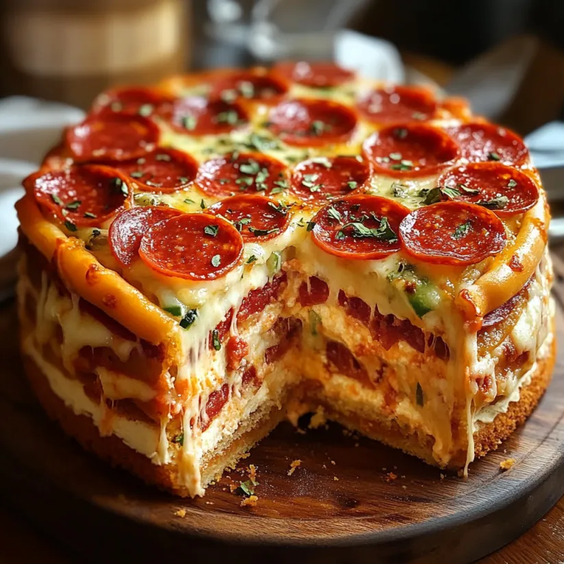 Ein Stück Pepperoni Pizza Schichtkuchen.