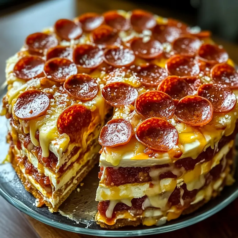 Ein Stück Pepperoni Pizza Schichtkuchen.