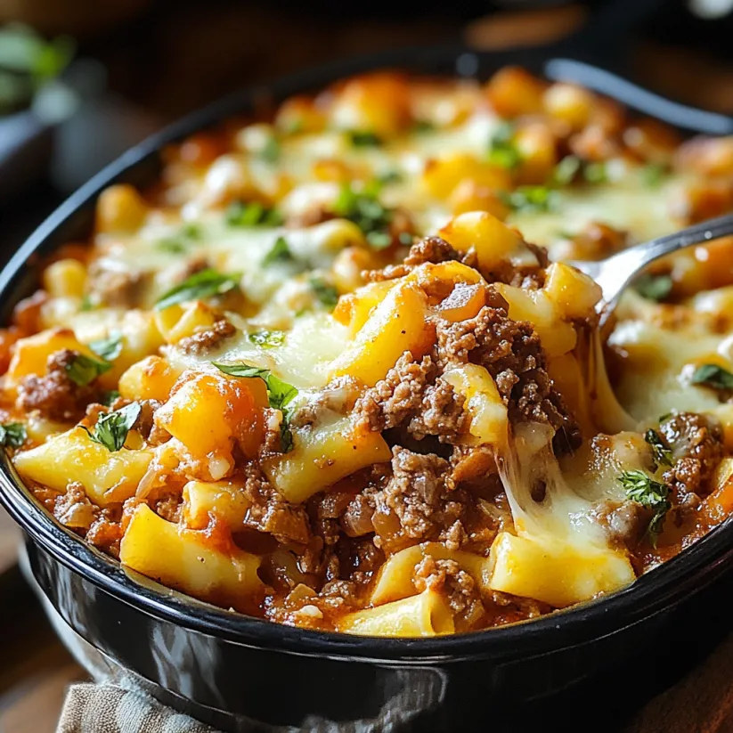 Nahaufnahme von einem Beef Lombardi Auflauf.