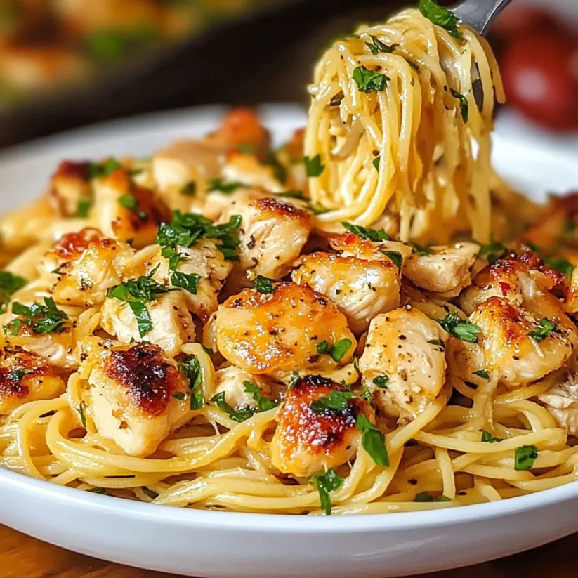 Ein Teller Hähnchen-Scampi mit Spaghetti.