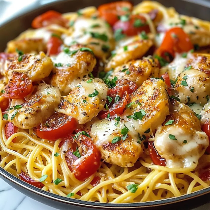 Ein Teller Hähnchen-Scampi mit Tomaten und Käse.