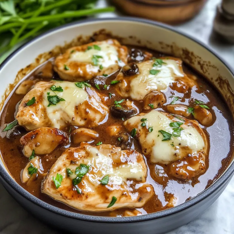 Eine Schale Chicken Madeira mit Pilzen und Kräutern.