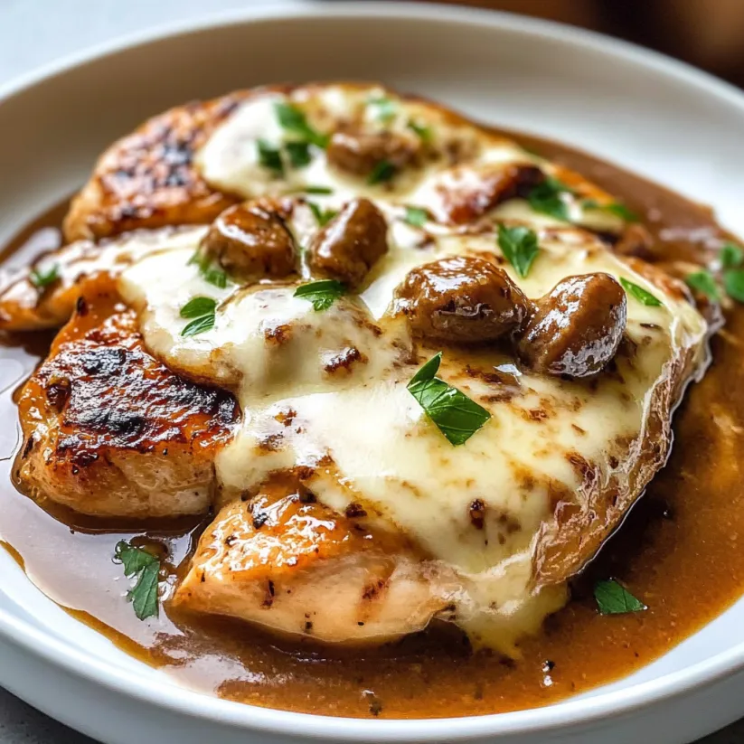 Ein Teller Chicken Madeira mit Pilzen und Käse.