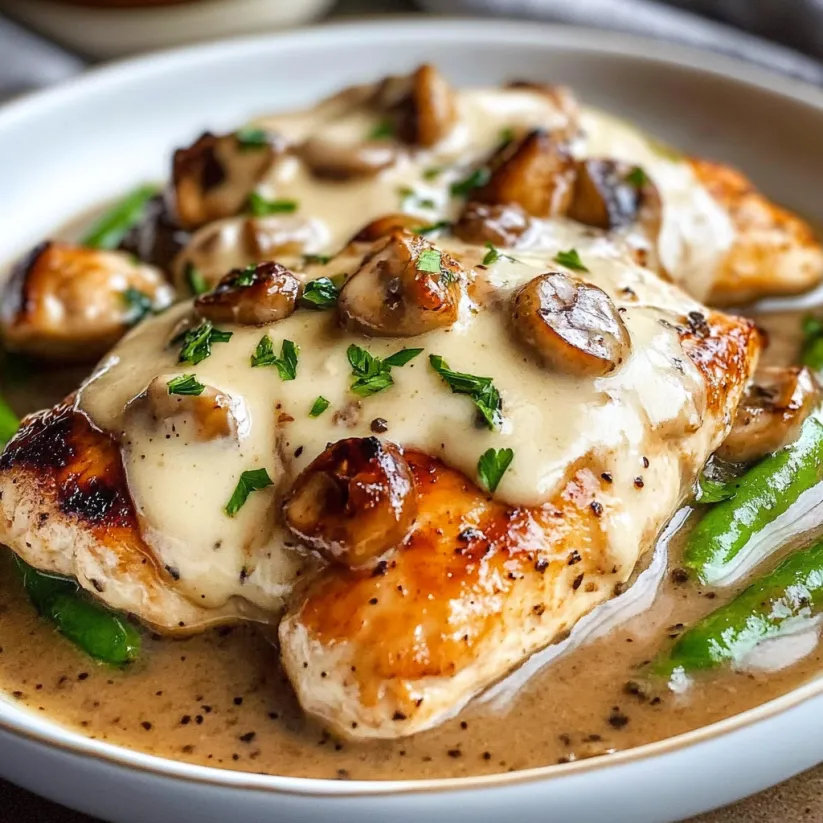 Ein Teller Chicken Madeira mit Pilzen und grünen Bohnen.