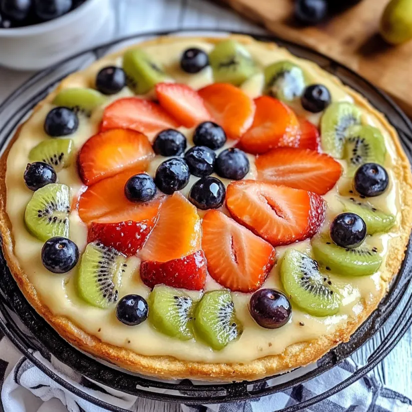 Eine Fruchttarte mit Kiwi, Erdbeeren, Blaubeeren und noch mehr Kiwi.