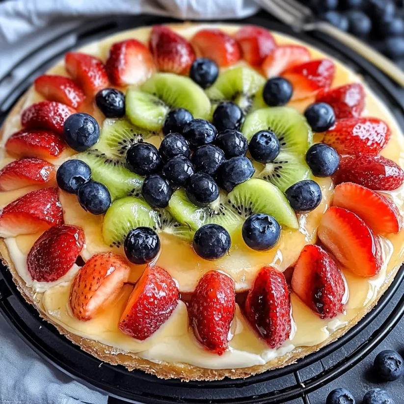 Eine Fruchttarte belegt mit Erdbeeren, Kiwi, Heidelbeeren und Himbeeren.