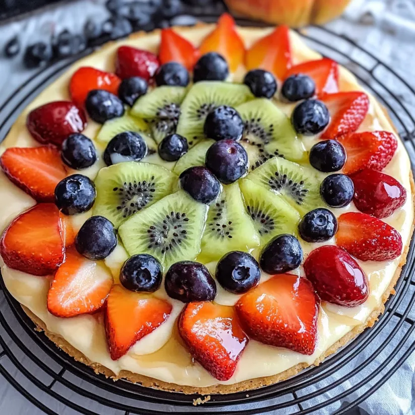 Eine fruchtige Pizza belegt mit Kiwi, Erdbeeren, Heidelbeeren und Himbeeren.
