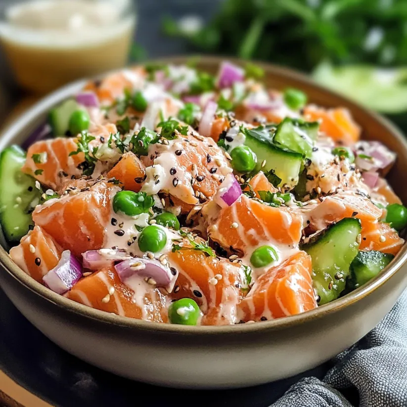 Schüssel mit Lachssalat, Erbsen und Gurke.