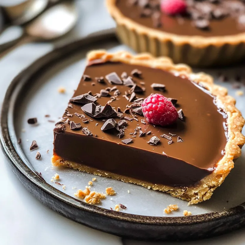 Ein Stück Schokotarte mit Schokostückchen und einer Himbeere drauf.