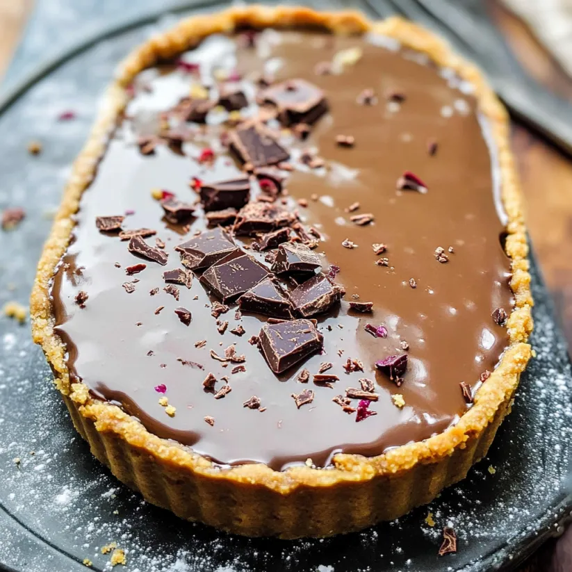 Ein Stück Schokotarte mit Schokostückchen oben drauf.