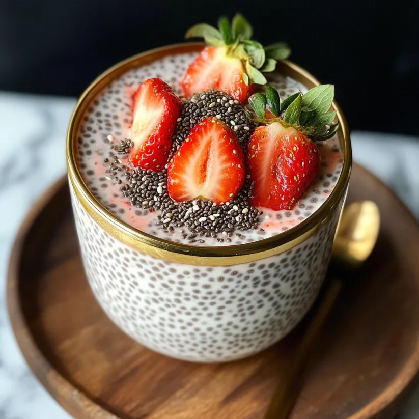Ein Glas Chia-Pudding mit Erdbeeren drauf.
