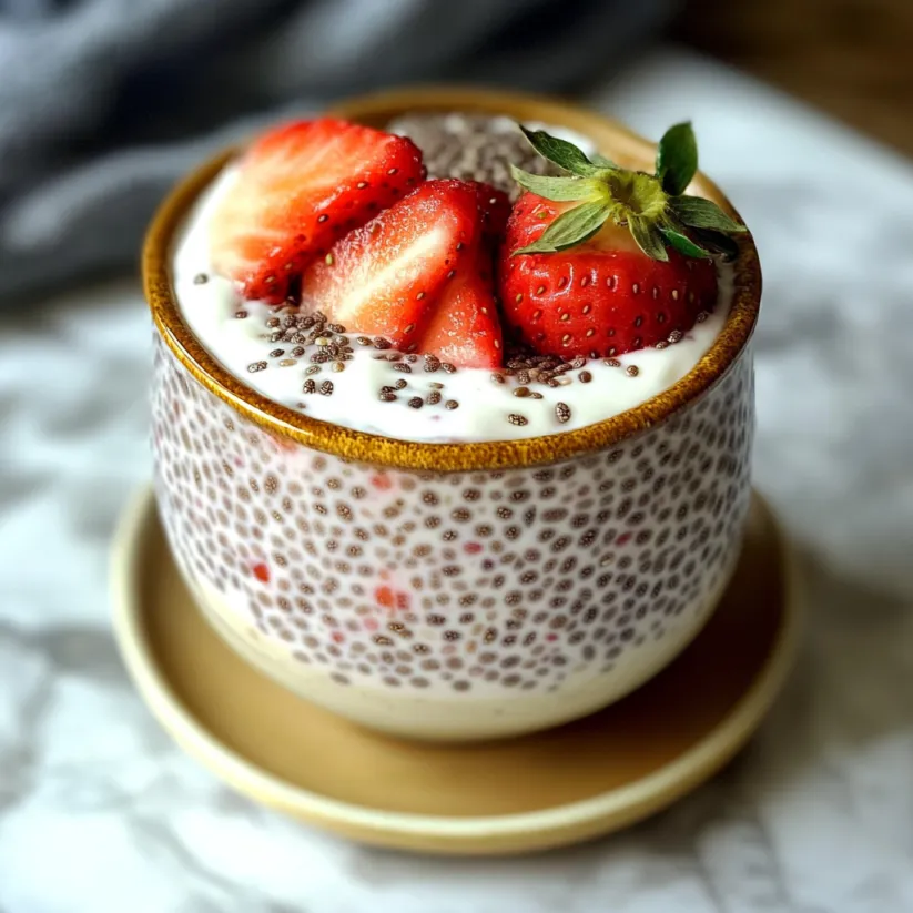 Eine Schüssel Chia-Pudding mit Erdbeeren oben drauf.