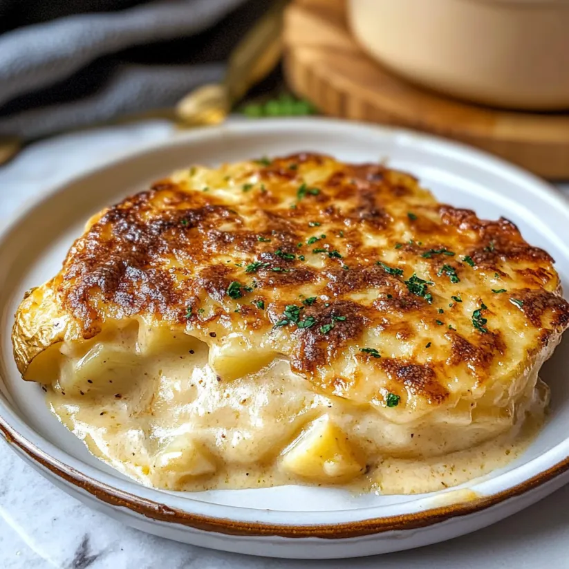 Ein leckerer Kartoffelauflauf mit geschmolzenem Käse und Kräutern.