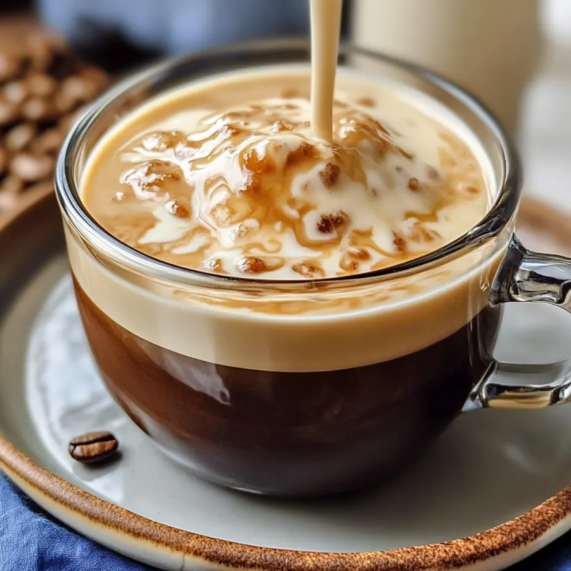 Ein Kaffeglas mit einem Klecks Sahne on top.