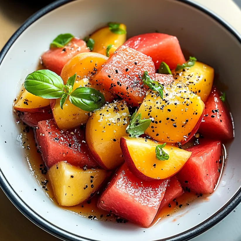 Eine Schale mit Obstsalat aus Wassermelone und Pfirsich.