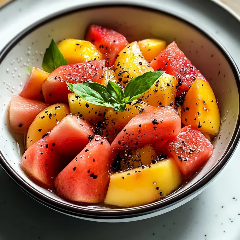 Eine Schüssel Obstsalat mit Pfirsichen, Wassermelone und schwarzen Kernen.