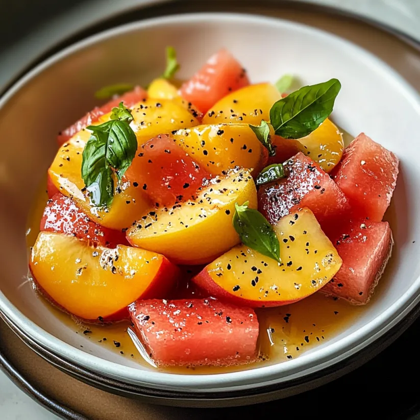 Eine Schüssel mit Melonen-Pfirsich-Salat und schwarzen Kernen.
