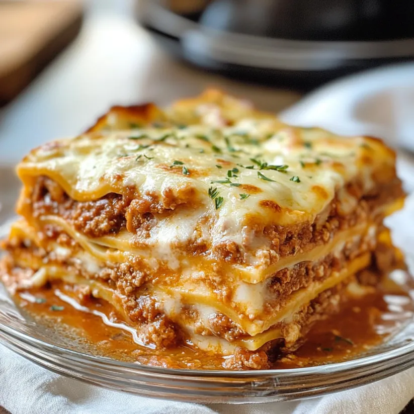 Ein Teller Lasagne mit Käse und Soße.