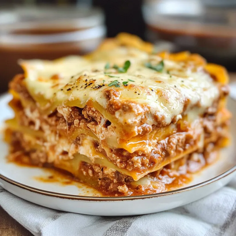 Lasagne auf einem Teller, daneben eine Gabel.