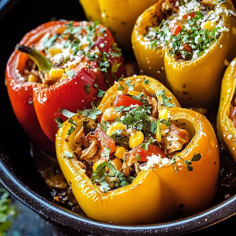 Eine Schale mexikanisch gefüllter Paprika mit Hähnchen.