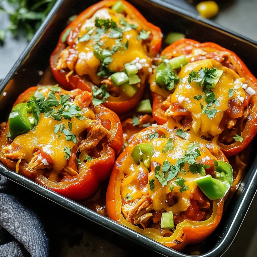 Eine Pfanne mit mexikanischem Hähnchen in Paprika.
