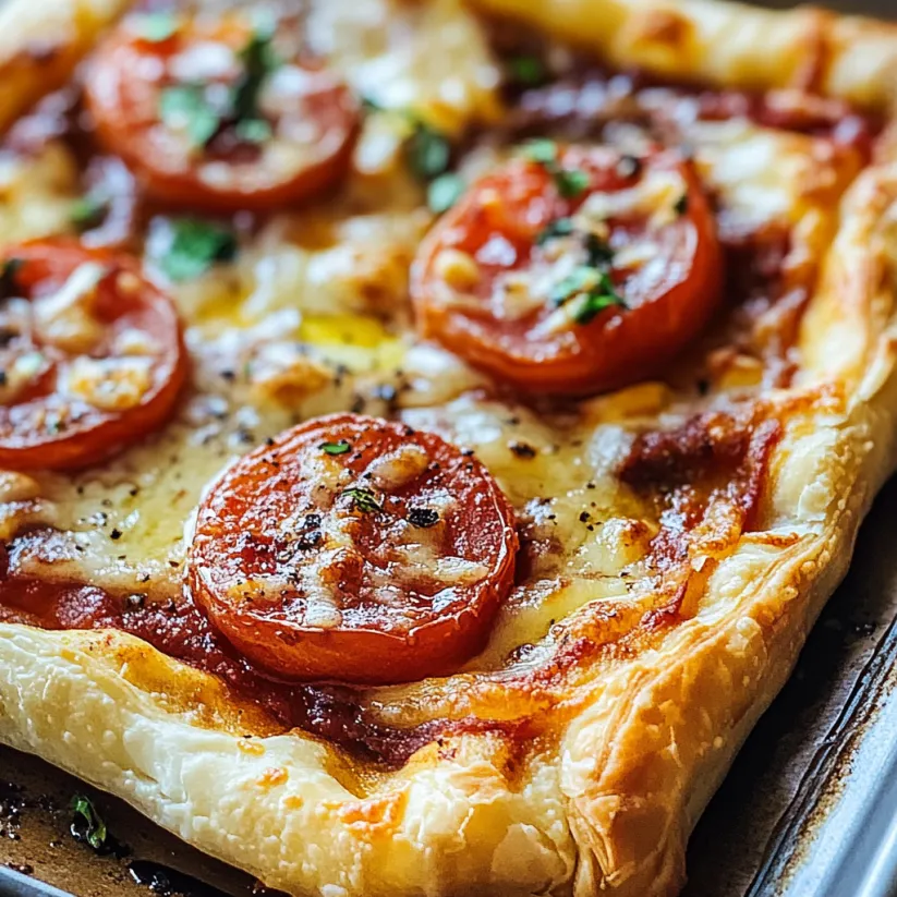 Ein Stück Pizza mit Tomaten und Käse.