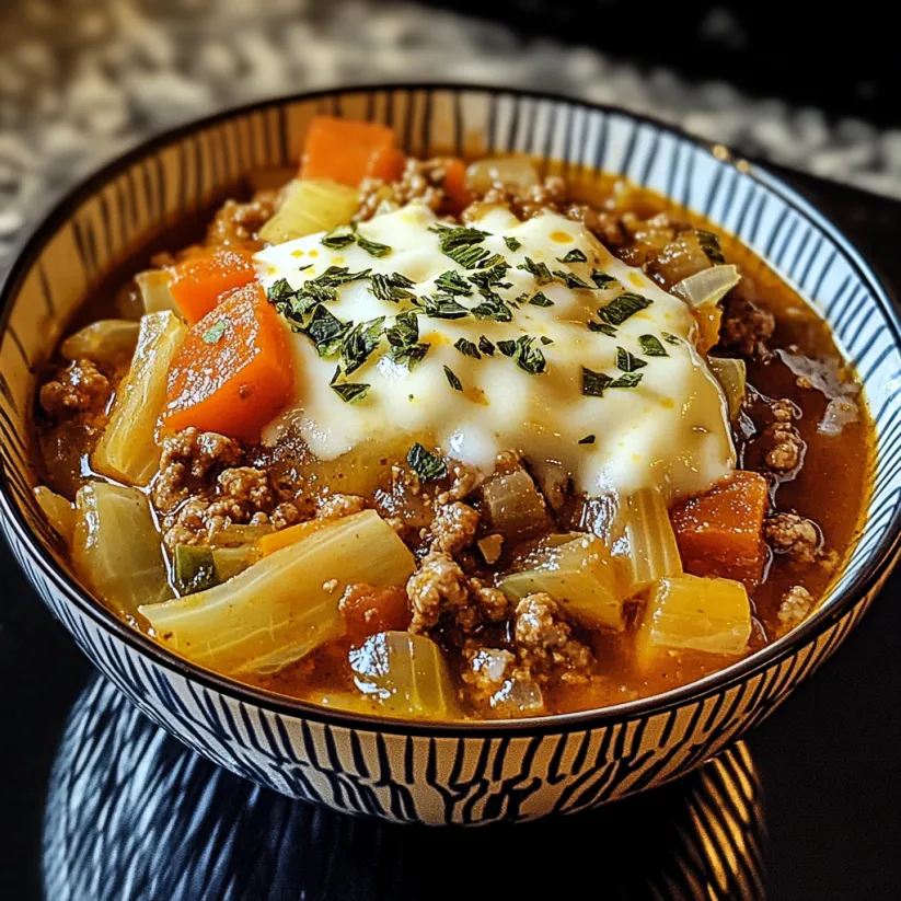 Eine Schüssel Kohlsuppe mit einem Klecks Sauerrahm drauf.