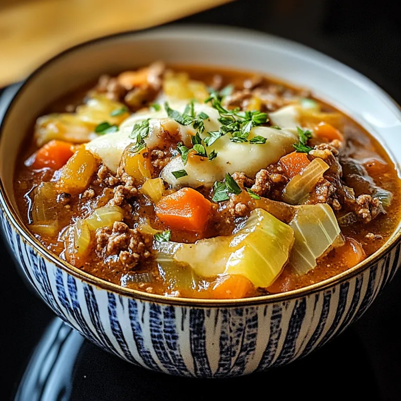 Eine Schüssel Suppe mit Fleisch und Gemüse.