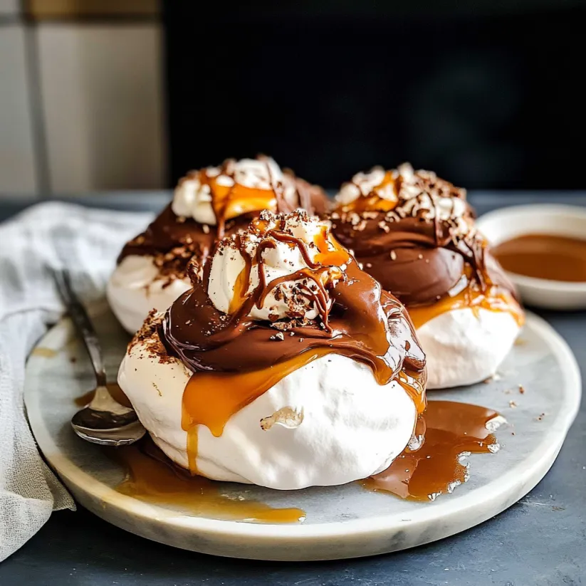 Ein Teller voll Schoko-Pavlova mit Salzkaramellsoße.