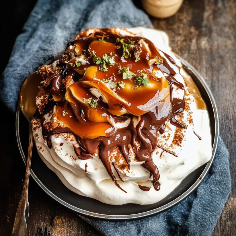 Eine Schoko Pavlova mit salzigem Karamell obendrauf.