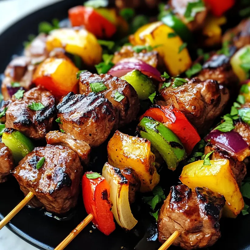 Ein Teller mit hawaiianischen Steakspießen.