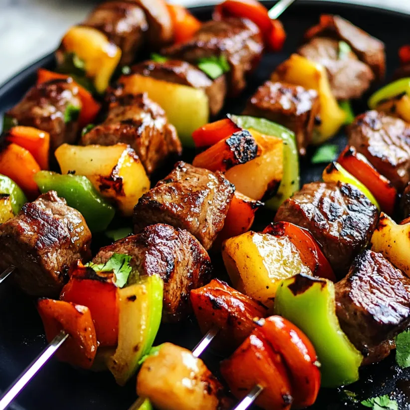 Ein Teller voller Hawaii Steak Spieße.