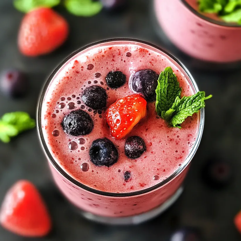 Ein Glas Beerenshake mit aufgelegter Erdbeere.