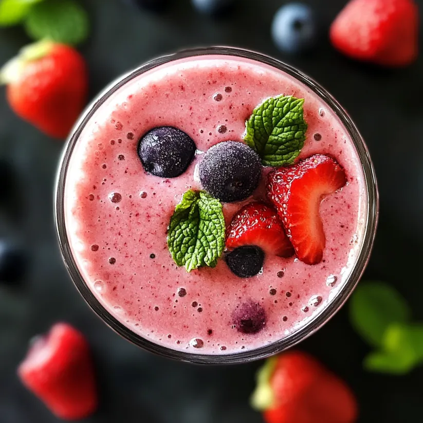 Ein Glas Beeren-Smoothie mit Erdbeeren und Blaubeeren oben drauf.