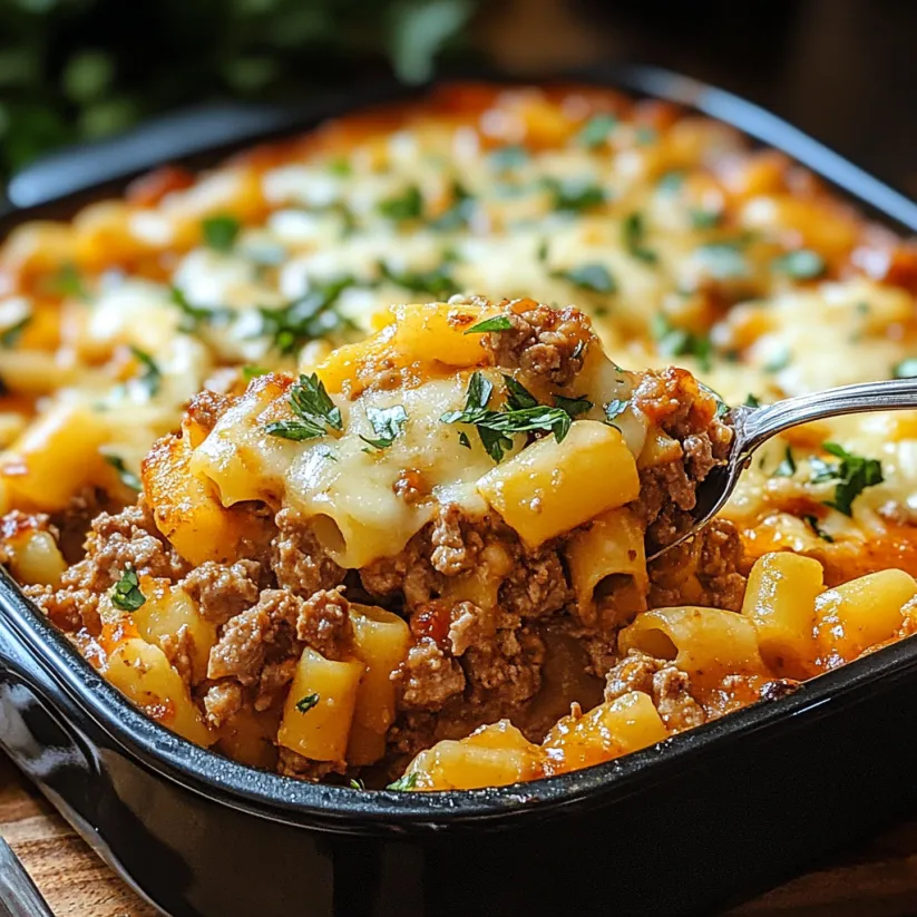 Nahaufnahme vom Beef Lombardi Auflauf.