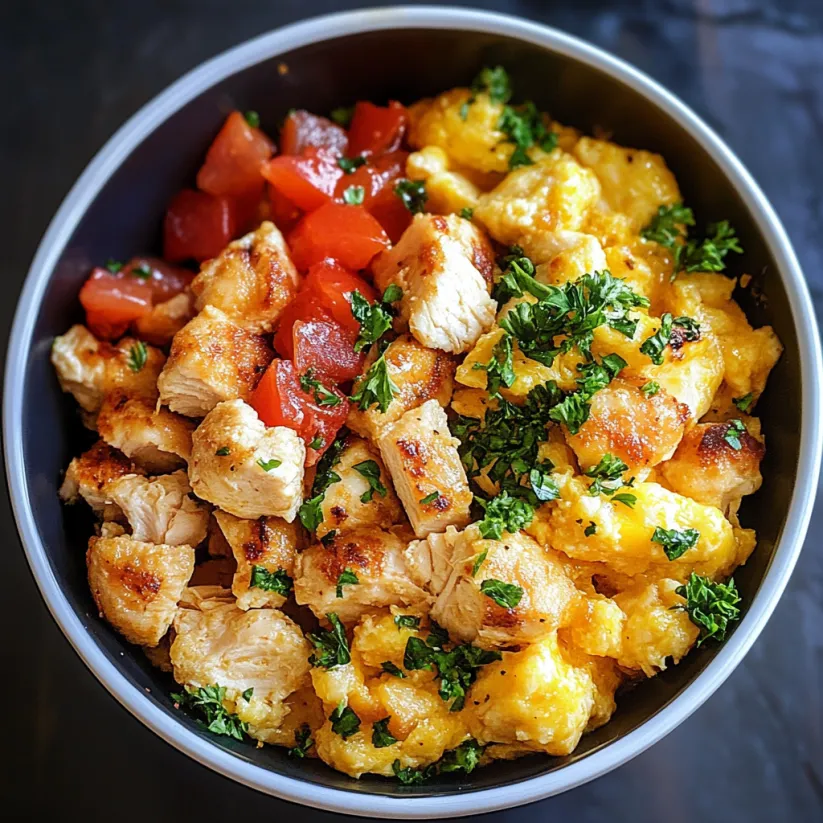 Eine Schüssel mit Chicken Scramble.