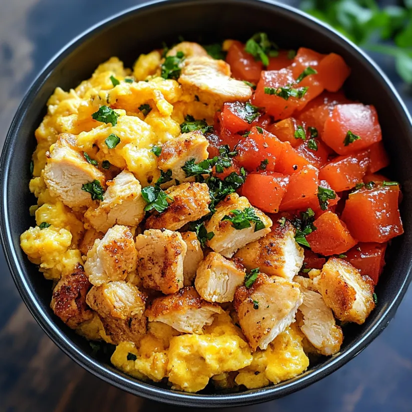 Bowl mit Chicken Scramble, Tomaten und Kräutern.