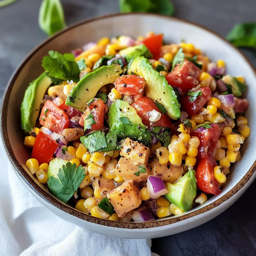 Eine Schüssel Avocado-Mais-Salat.